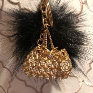 Fur pom pom keychain, gold purse, Bag Charm